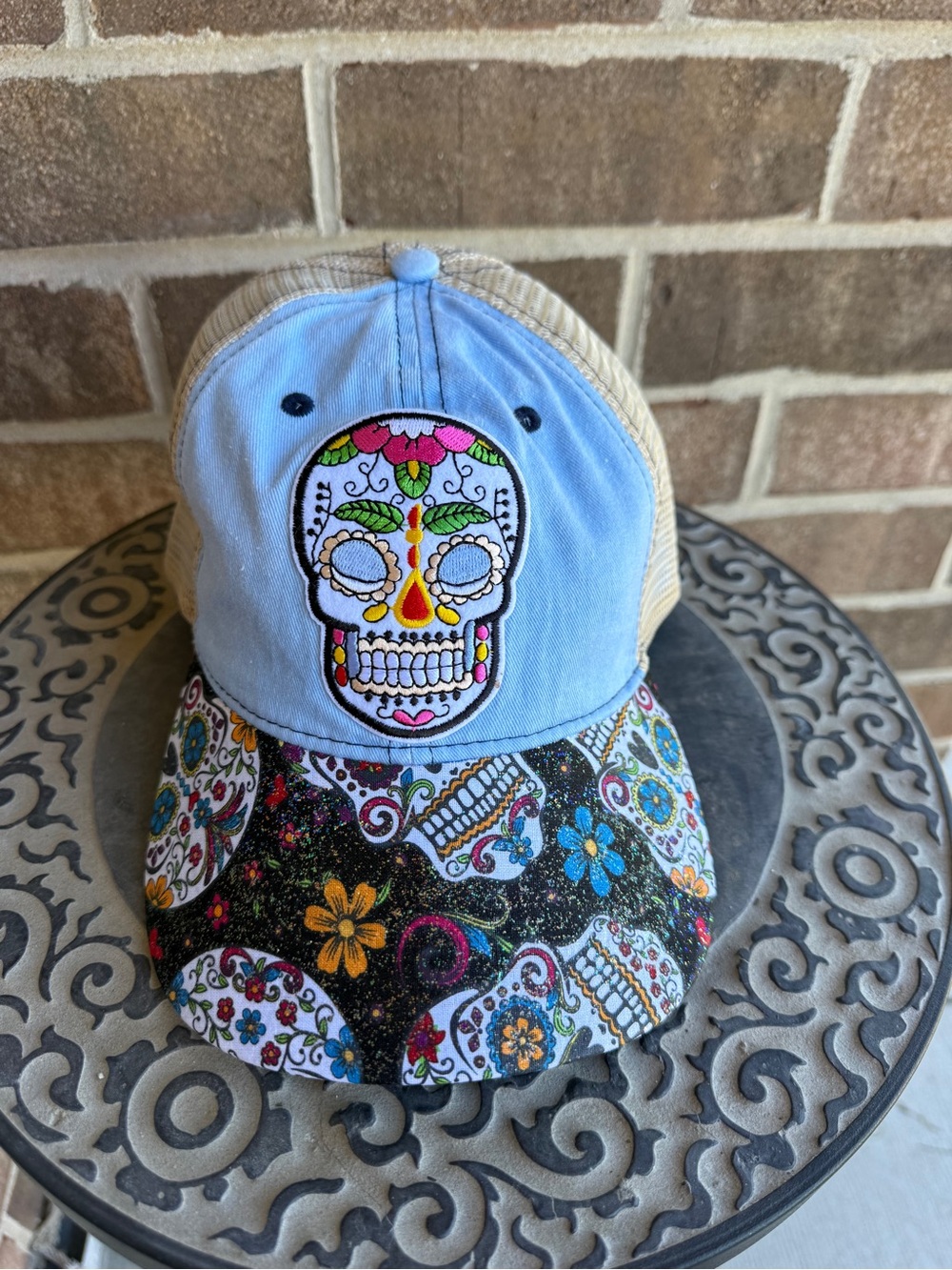 Sugar Skull Design Trucker Hat Adult OS Snap Back Day of the Dead Glittery Blue